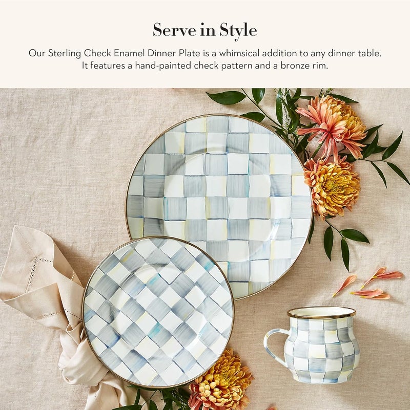 mackenzie childs MACKENZIECHILDS Enamel Dinner Plate Decorative Dinnerware Plate 10 Inches Set of 4 GrayandWhite Sterling Check - Image 2