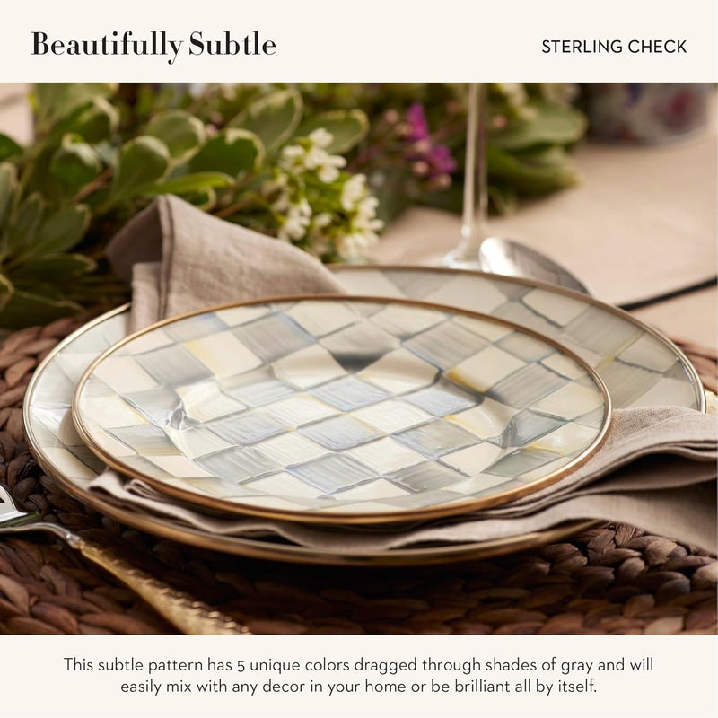 mackenzie childs MACKENZIECHILDS Enamel Dinner Plate Decorative Dinnerware Plate 10 Inches Set of 4 GrayandWhite Sterling Check - Image 3