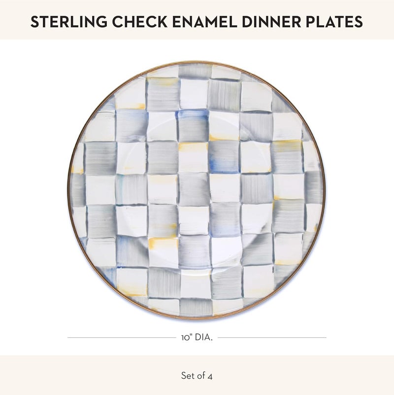 mackenzie childs MACKENZIECHILDS Enamel Dinner Plate Decorative Dinnerware Plate 10 Inches Set of 4 GrayandWhite Sterling Check - Image 4