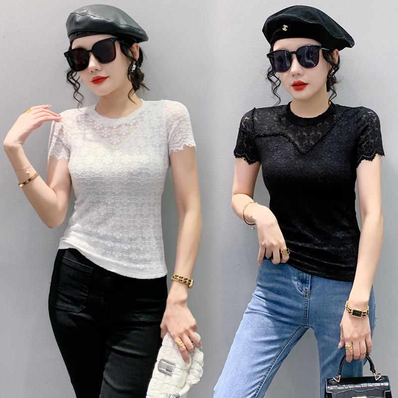 Real Shot 2023 Spring and Summer New Lace Short-sleeved T-shirt Women's Design Feeling Beaded Stylish All-match Slim-fit Base Shirt - Image 5