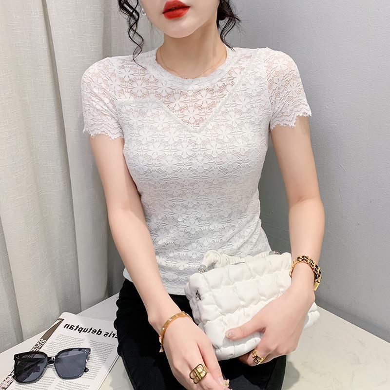Real Shot 2023 Spring and Summer New Lace Short-sleeved T-shirt Women's Design Feeling Beaded Stylish All-match Slim-fit Base Shirt - Image 3
