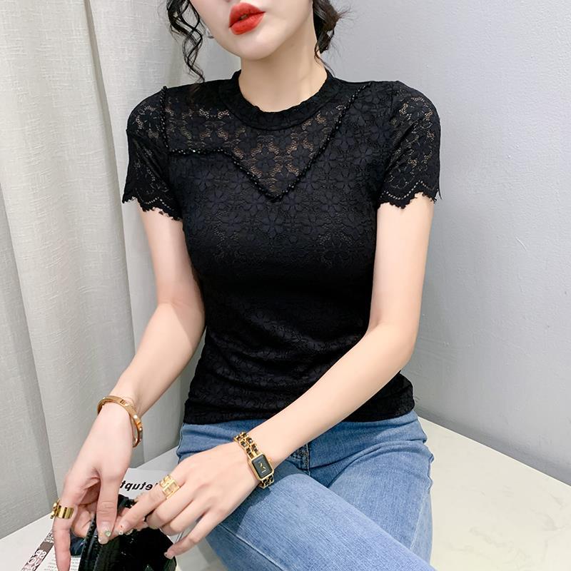 Real Shot 2023 Spring and Summer New Lace Short-sleeved T-shirt Women's Design Feeling Beaded Stylish All-match Slim-fit Base Shirt - Image 2