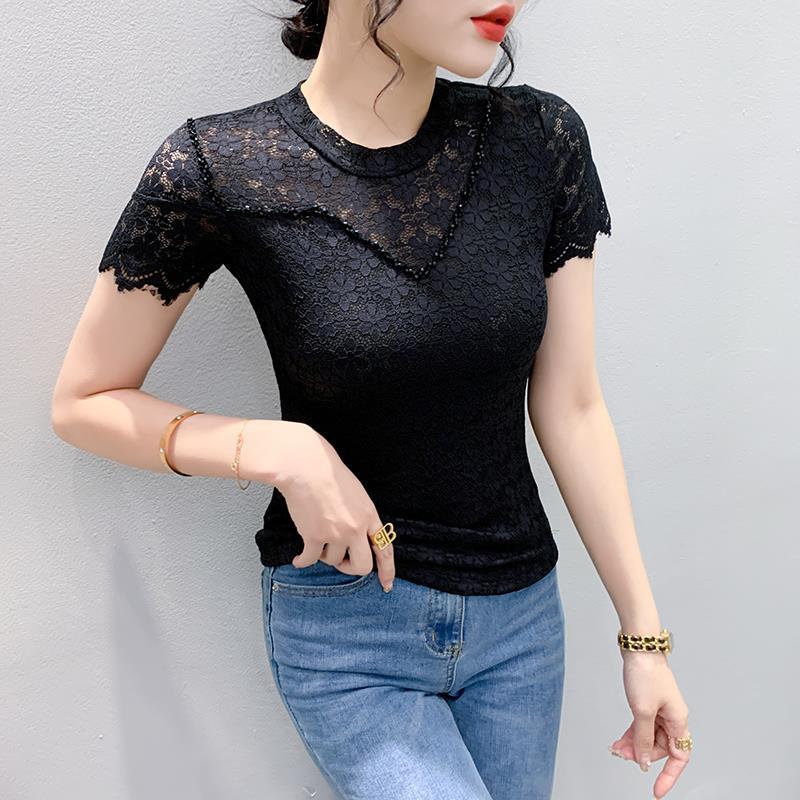 Real Shot 2023 Spring and Summer New Lace Short-sleeved T-shirt Women's Design Feeling Beaded Stylish All-match Slim-fit Base Shirt - Image 4