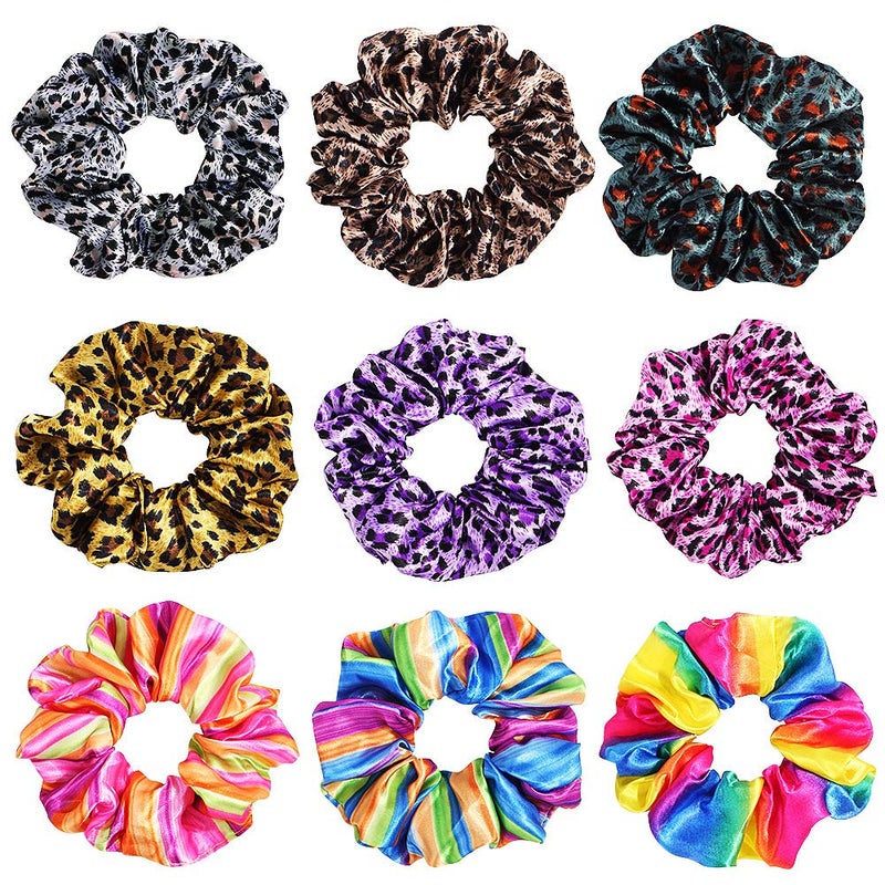 9 Pack Leopard Print Hair Scrunchies Cheetah Scrunchie Multicolored Ponytail Holder Rainbow Bobbles Floral Scrunchy 9 PCS Multicolored Scrunchies