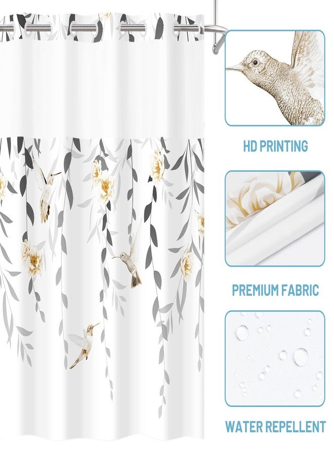 WITHLOC No Hook Shower Curtain with Snap in Liner - Fabric Waterproof Inner Liner, Plants Yellow Floral Grey Nature Birds Cloth Shower Curtains Washable, 71 x 74 Inch - Image 4