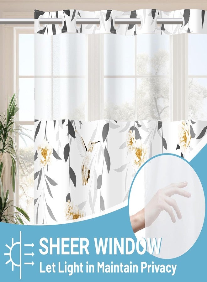 WITHLOC No Hook Shower Curtain with Snap in Liner - Fabric Waterproof Inner Liner, Plants Yellow Floral Grey Nature Birds Cloth Shower Curtains Washable, 71 x 74 Inch - Image 2