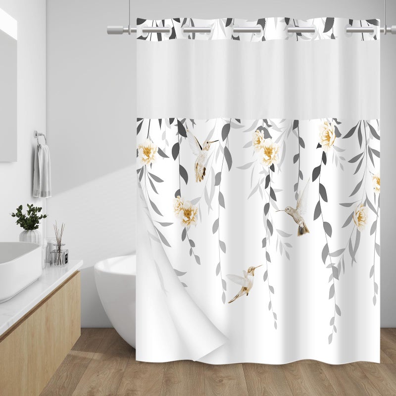 WITHLOC No Hook Shower Curtain with Snap in Liner - Fabric Waterproof Inner Liner, Plants Yellow Floral Grey Nature Birds Cloth Shower Curtains Washable, 71 x 74 Inch - Image 1
