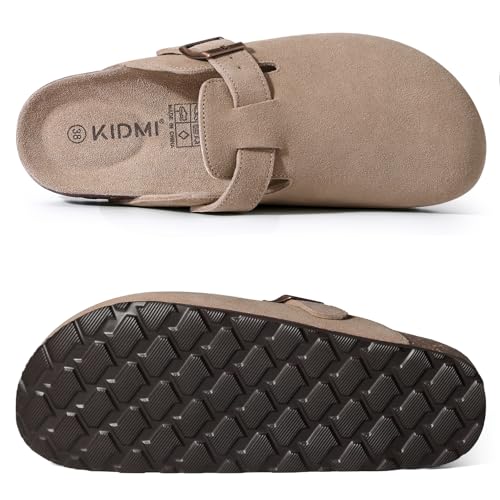 KIDMI Genuine Suede Clogs for Women Cork Footbed Sandals Leather Mules Potato Shoes with Arch Support Taupe 38 (Size 7) - Image 3