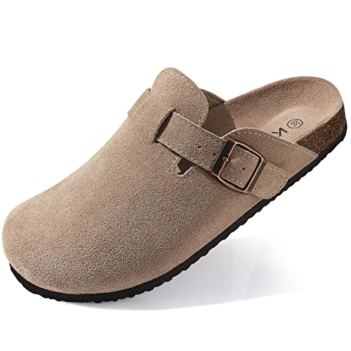KIDMI Genuine Suede Clogs for Women Cork Footbed Sandals Leather Mules Potato Shoes with Arch Support Taupe 38 (Size 7) - Image 1