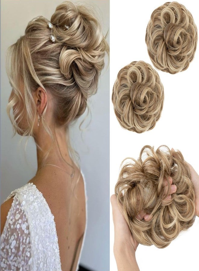SARLA 2PCS Messy Hair Bun Hair Pieces Wavy Curly Synthetic Updo Fake Scrunchies Ponytail Extension for Women Sand - Image 1
