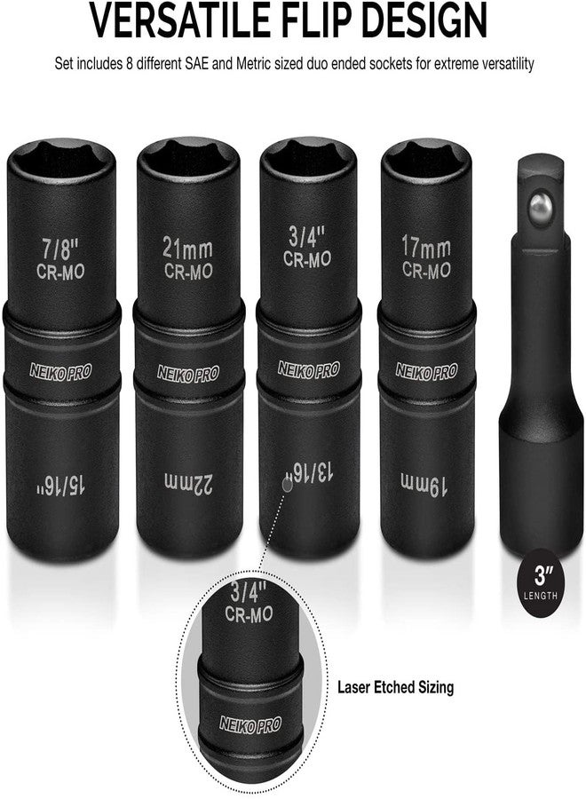 NEIKO 02282B 1/2-Inch-Drive Impact Socket Set, Flip Socket Set, Chrome Moly Steel, Includes 3-Inch Bar Extension, 8 Deep SAE and Metric Sizes, 5 Pieces - Image 4