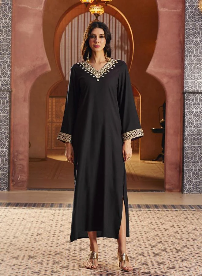 Sassafras Black Rayon Mirror-Work Abaya Dress