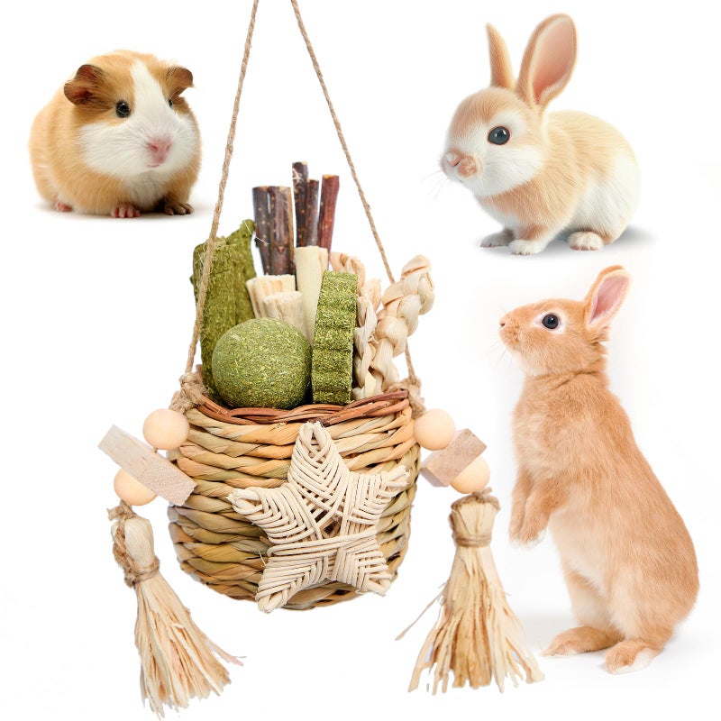 Jorewood Natural Reedgrass Chew Toy Basket for Small Pets â€“ Hanging Rodent Dental Toys with Hay Lollipop, Apple Sticks, Sweet Bamboo (Hamsters, Rabbits, Chinchillas, Guinea Pigs) - Image 1
