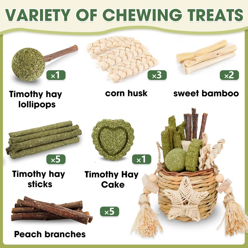 Jorewood Natural Reedgrass Chew Toy Basket for Small Pets â€“ Hanging Rodent Dental Toys with Hay Lollipop, Apple Sticks, Sweet Bamboo (Hamsters, Rabbits, Chinchillas, Guinea Pigs) - Image 2