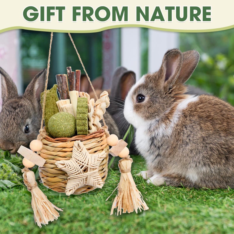 Jorewood Natural Reedgrass Chew Toy Basket for Small Pets â€“ Hanging Rodent Dental Toys with Hay Lollipop, Apple Sticks, Sweet Bamboo (Hamsters, Rabbits, Chinchillas, Guinea Pigs) - Image 3