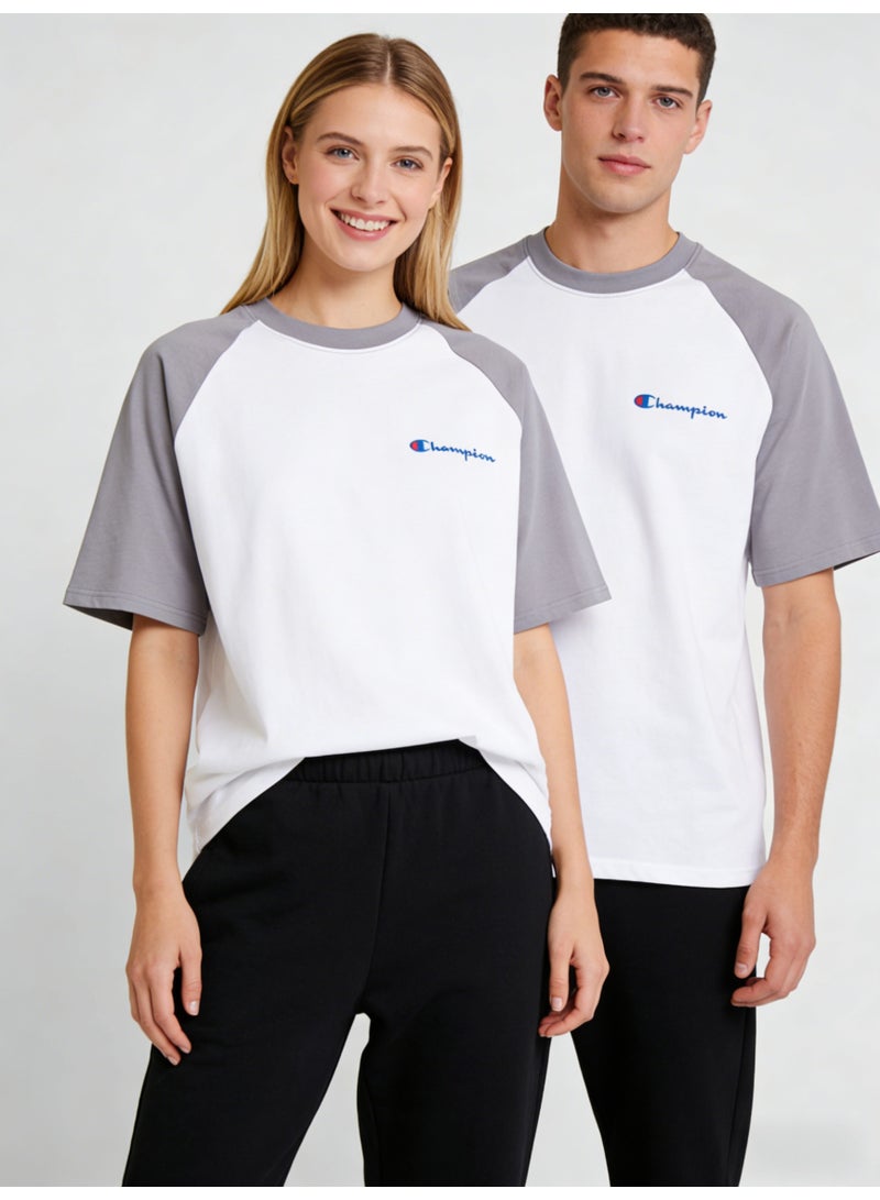 شامبيون Champion Classic Script Logo Raglan T-Shirt | Unisex White & Grey Colorblock Short Sleeve Tee - Image 3