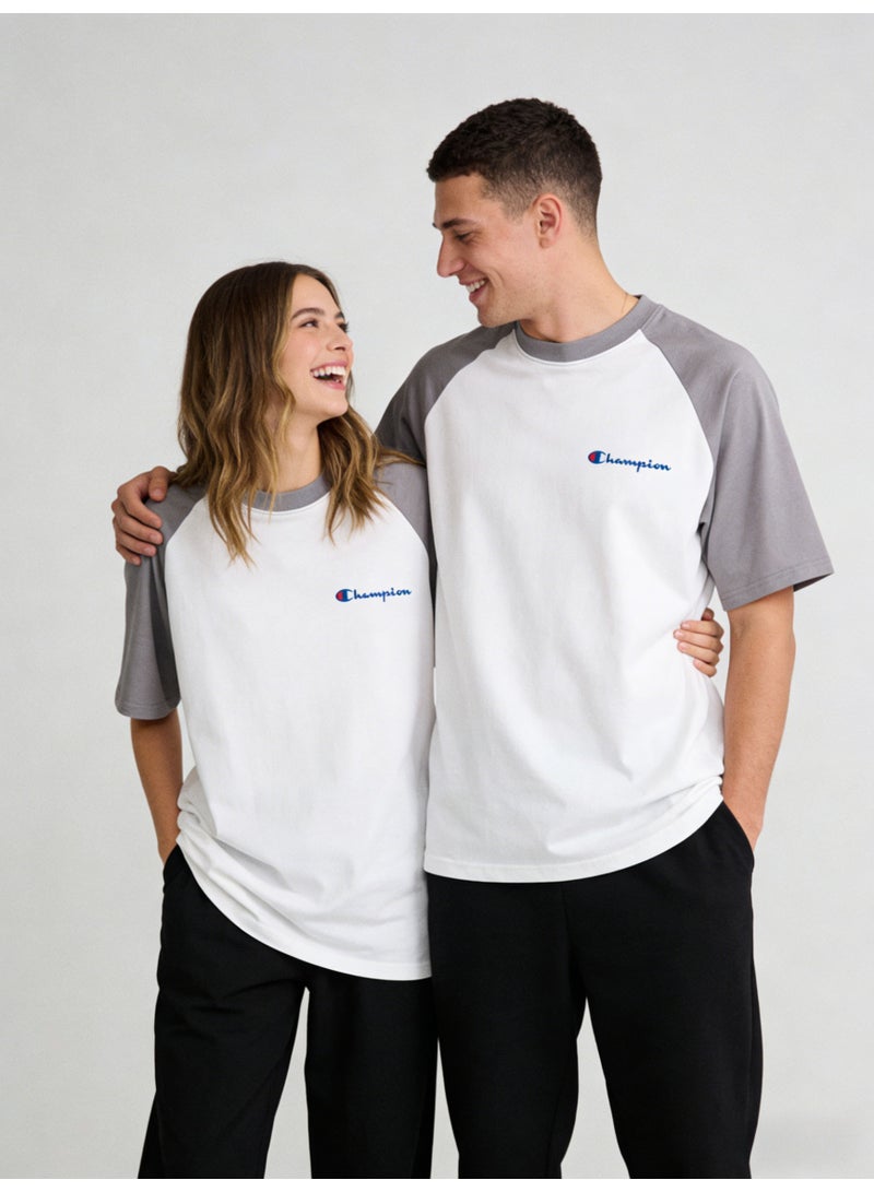 شامبيون Champion Classic Script Logo Raglan T-Shirt | Unisex White & Grey Colorblock Short Sleeve Tee - Image 4