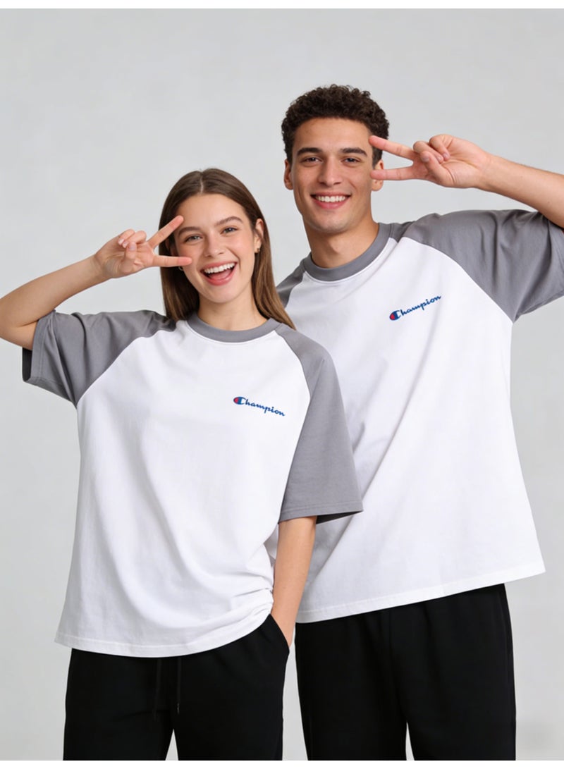 شامبيون Champion Classic Script Logo Raglan T-Shirt | Unisex White & Grey Colorblock Short Sleeve Tee - Image 2