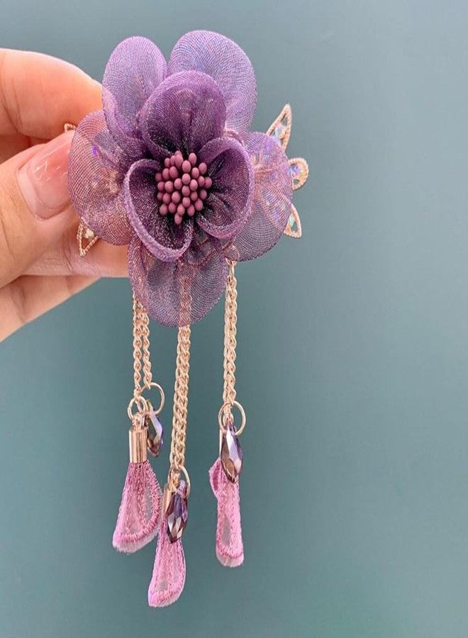 Ashkash 1pc Chinese Styles Organza Fabric Flower Claw Clip with Long Tassel Hair Barrette Elegant Hair Clips Back Head Hair Decorated Hair Accessories For Women - Image 5