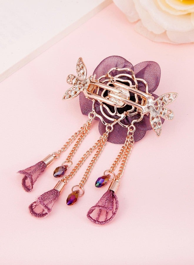 Ashkash 1pc Chinese Styles Organza Fabric Flower Claw Clip with Long Tassel Hair Barrette Elegant Hair Clips Back Head Hair Decorated Hair Accessories For Women - Image 4