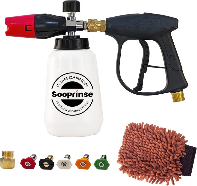 Sooprinse Foam Cannon Kit with Pressure Washer Short Gun, 1 L Snow Foam Lance with 1/4 Inch Quick Connector, Foam Blaster with Pressure Washer Gun,4000 PSI, Black - Image 1