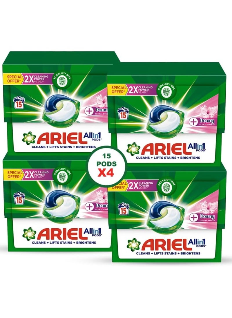 Ariel All-In-1 Laundry Detergent Pods With Downy Floral Breeze 4 x 15 Pods 