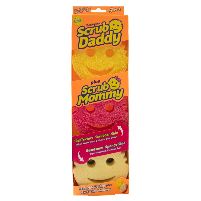 Scrub Daddy سكراب دادي سكراب مامي 3 عبوات إسفنجات مبتسمة للتنظيف وغسل الأطباق مجموعة متعددة من أدوات التنظيف غير الخدشة مع تقنية فليكس تكستشر الصلبة والناعمة لتنظيف الأطباق