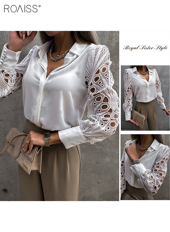 roaiss Women's Satin Lace Blouse Classic V Neck Lapel Design Long Sleeve Cuffs are Tightened Button Open and Close Fashion Top  - Image 3