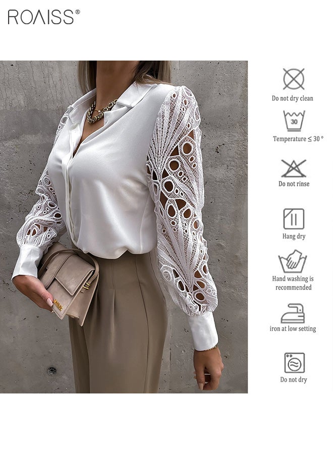 roaiss Women's Satin Lace Blouse Classic V Neck Lapel Design Long Sleeve Cuffs are Tightened Button Open and Close Fashion Top  - Image 2