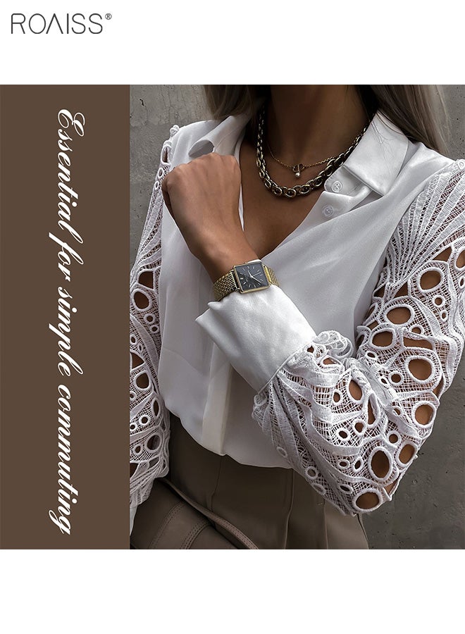 roaiss Women's Satin Lace Blouse Classic V Neck Lapel Design Long Sleeve Cuffs are Tightened Button Open and Close Fashion Top  - Image 4