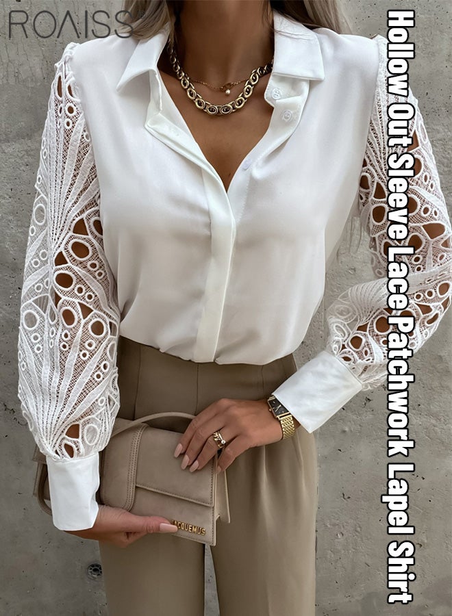 roaiss Women's Satin Lace Blouse Classic V Neck Lapel Design Long Sleeve Cuffs are Tightened Button Open and Close Fashion Top  - Image 1
