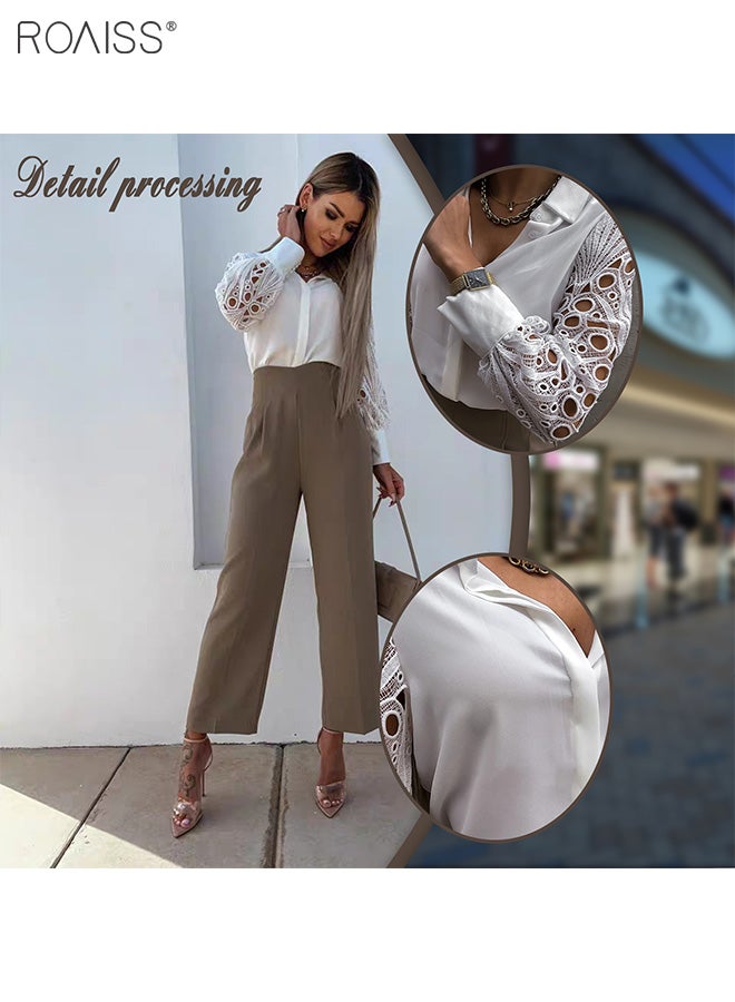 roaiss Women's Satin Lace Blouse Classic V Neck Lapel Design Long Sleeve Cuffs are Tightened Button Open and Close Fashion Top  - Image 5