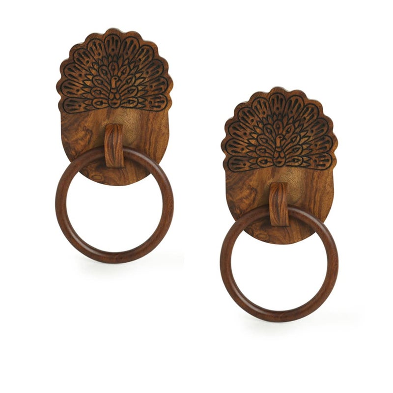 ExclusiveLane Sheesham Wood Towel Holder Set of 2 | 'The Dancing Peacock' Hand Carved Towel Ring for Kitchen Bathroom & Wash Basin Towel Hangers for Bedroom (Oil-Based Natural Brown Finish) - Image 2