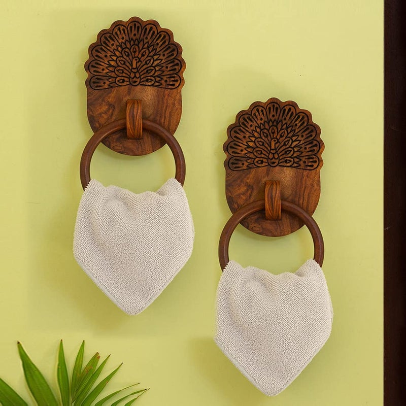 ExclusiveLane Sheesham Wood Towel Holder Set of 2 | 'The Dancing Peacock' Hand Carved Towel Ring for Kitchen Bathroom & Wash Basin Towel Hangers for Bedroom (Oil-Based Natural Brown Finish) - Image 1