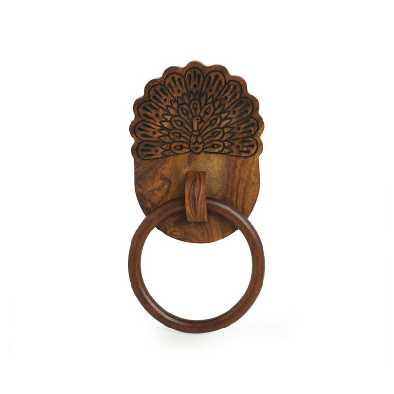 ExclusiveLane Sheesham Wood Towel Holder Set of 2 | 'The Dancing Peacock' Hand Carved Towel Ring for Kitchen Bathroom & Wash Basin Towel Hangers for Bedroom (Oil-Based Natural Brown Finish) - Image 3