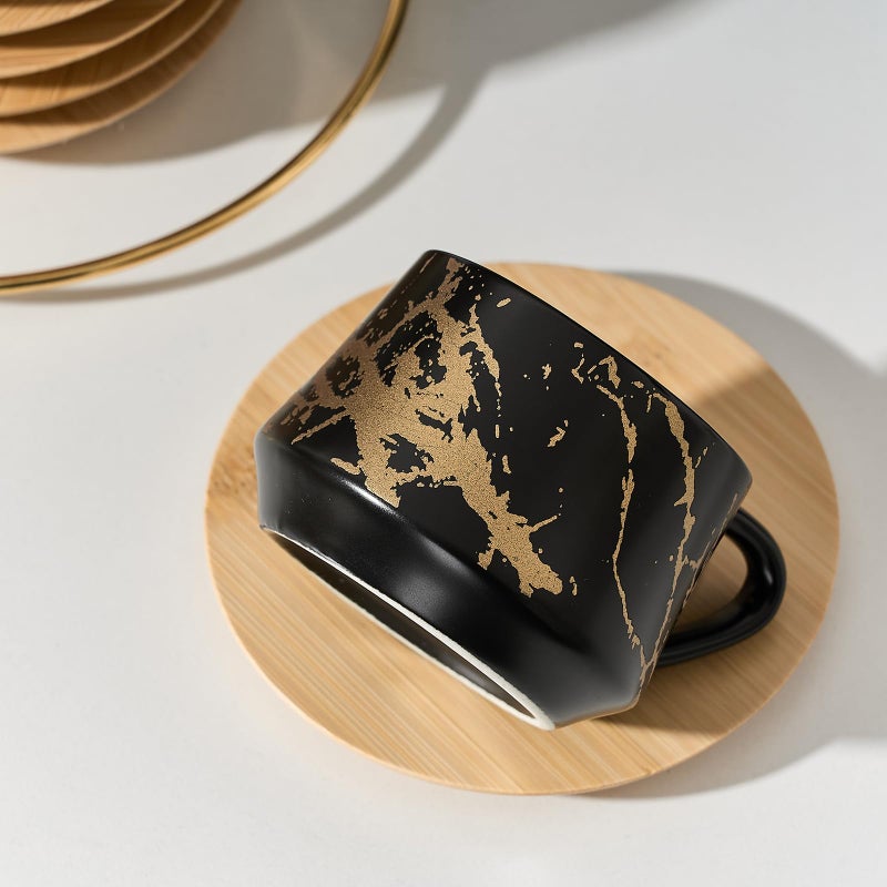 LUKA Ceramic Espresso Cups with Saucers and Metal Stand, Small 4 oz Porcelain Demitasse Cups Set of 6, Cute Cappuccino Coffee Cups for Double Espresso, Tea, Marbling Black - Image 3