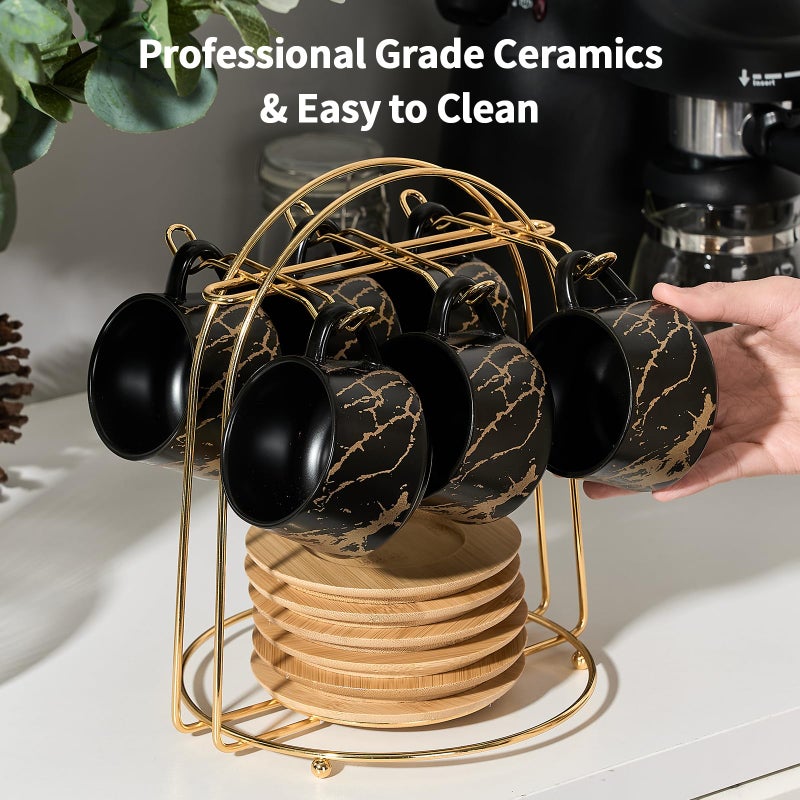 LUKA Ceramic Espresso Cups with Saucers and Metal Stand, Small 4 oz Porcelain Demitasse Cups Set of 6, Cute Cappuccino Coffee Cups for Double Espresso, Tea, Marbling Black - Image 5