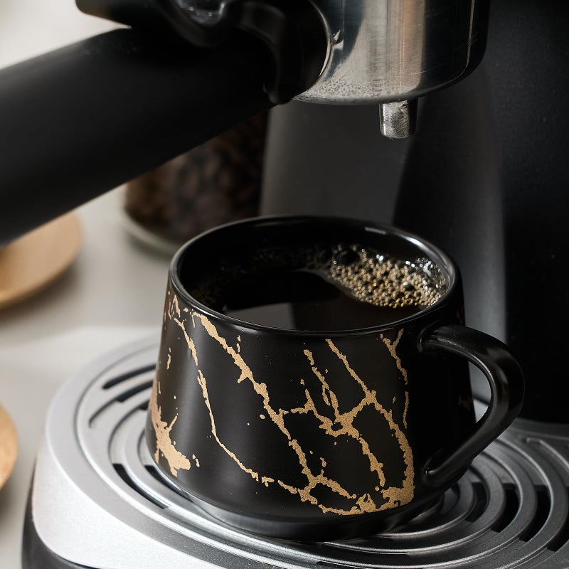 LUKA Ceramic Espresso Cups with Saucers and Metal Stand, Small 4 oz Porcelain Demitasse Cups Set of 6, Cute Cappuccino Coffee Cups for Double Espresso, Tea, Marbling Black - Image 2