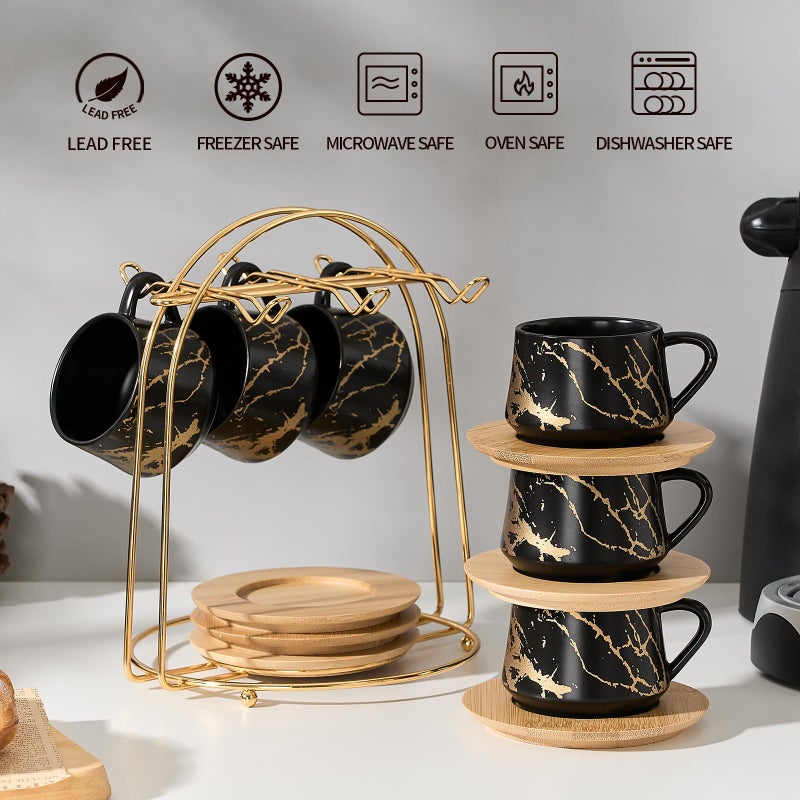 LUKA Ceramic Espresso Cups with Saucers and Metal Stand, Small 4 oz Porcelain Demitasse Cups Set of 6, Cute Cappuccino Coffee Cups for Double Espresso, Tea, Marbling Black - Image 4