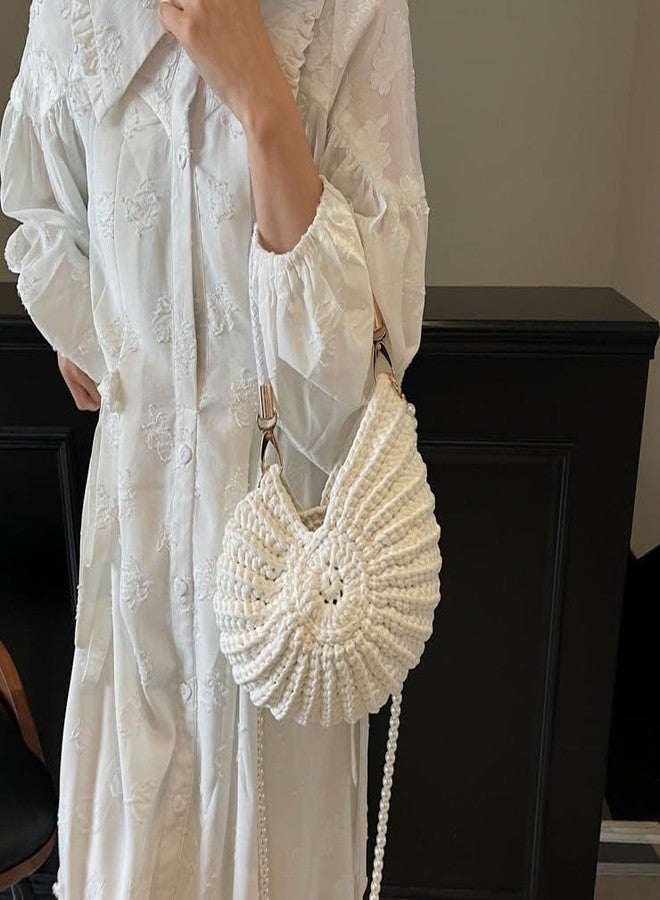 Avilego Handwoven Fashion Crossbody Bag Seashell Bag Boho Clutch with Pearl Strap Crochet Beach Bags - Image 4