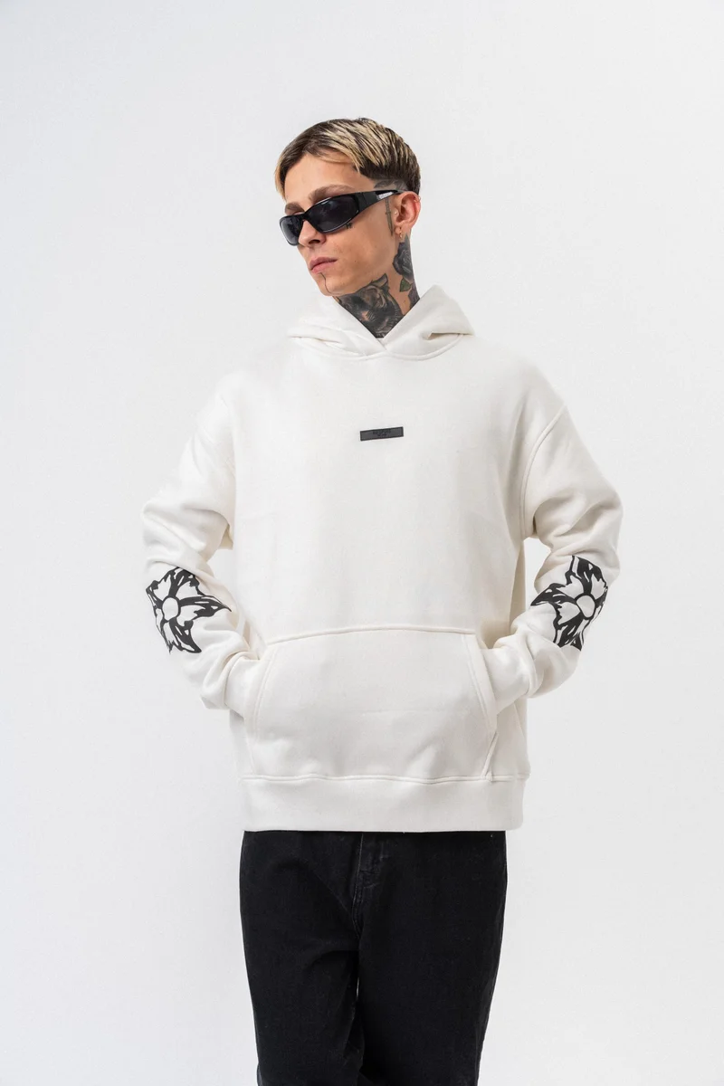 RESPIRE Men's Astro Mode Printed Hooded Oversize Hoodie Ecru