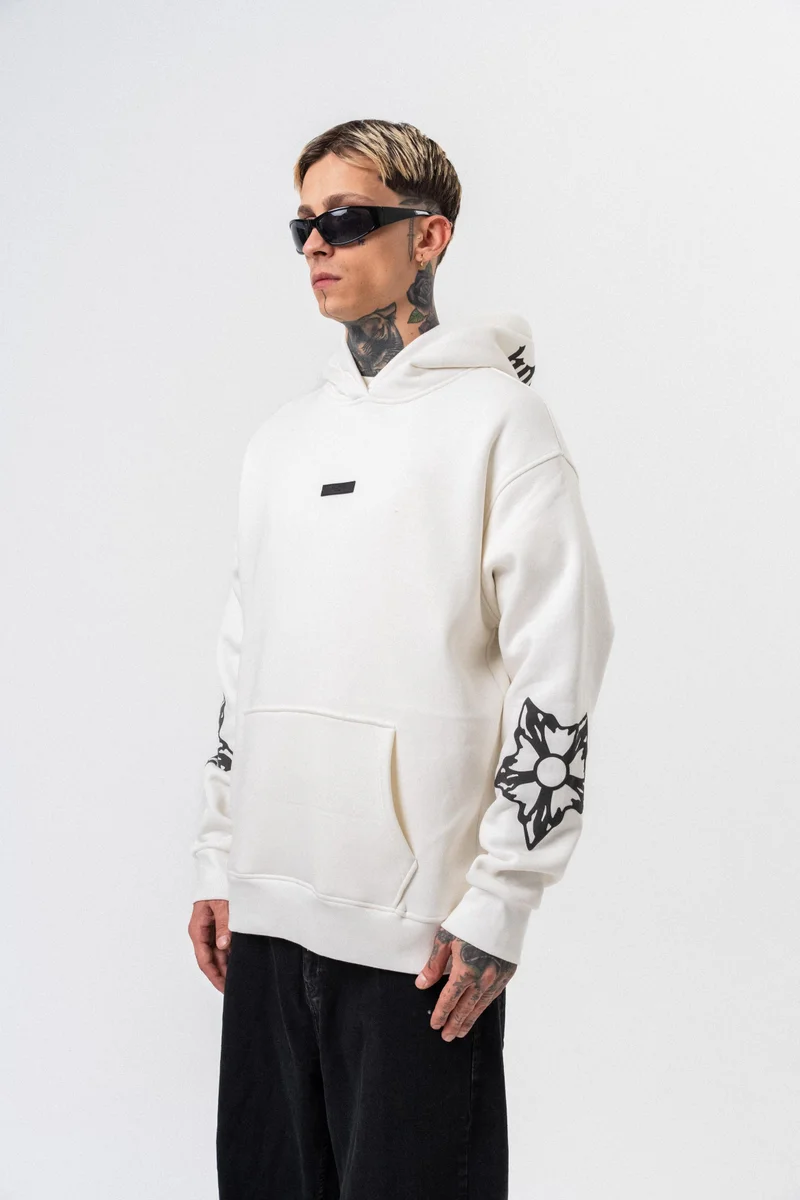 RESPIRE Men's Astro Mode Printed Hooded Oversize Hoodie Ecru