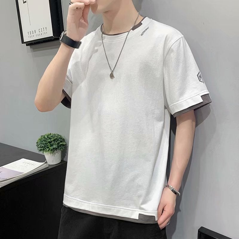 2023 New Short-Sleeved T-Shirt Men'S Clothes Summer Fashionable Half-Sleeved Fake Two-Piece Top Thin Loose T-Shirt - Image 1