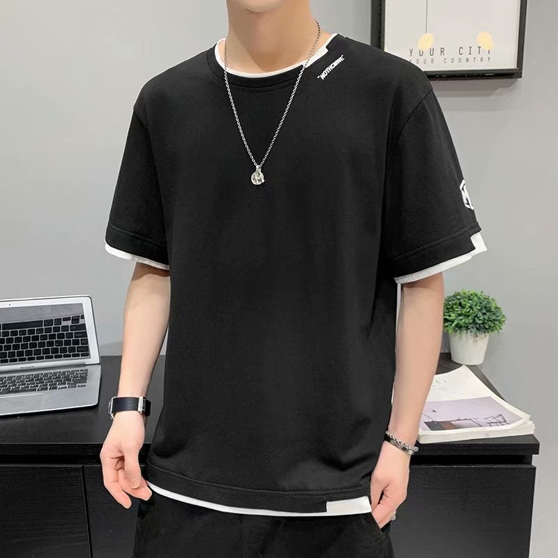 2023 New Short-Sleeved T-Shirt Men'S Clothes Summer Fashionable Half-Sleeved Fake Two-Piece Top Thin Loose T-Shirt - Image 5