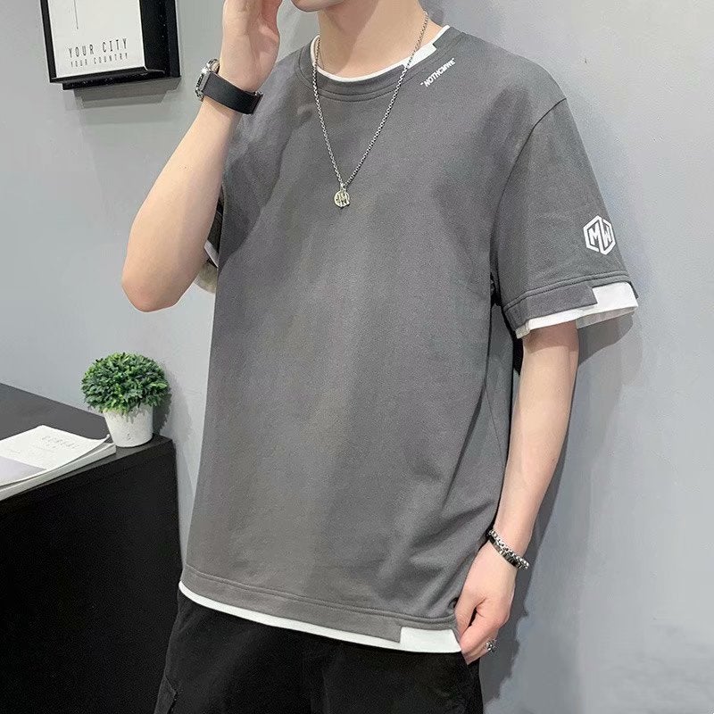 2023 New Short-Sleeved T-Shirt Men'S Clothes Summer Fashionable Half-Sleeved Fake Two-Piece Top Thin Loose T-Shirt - Image 4