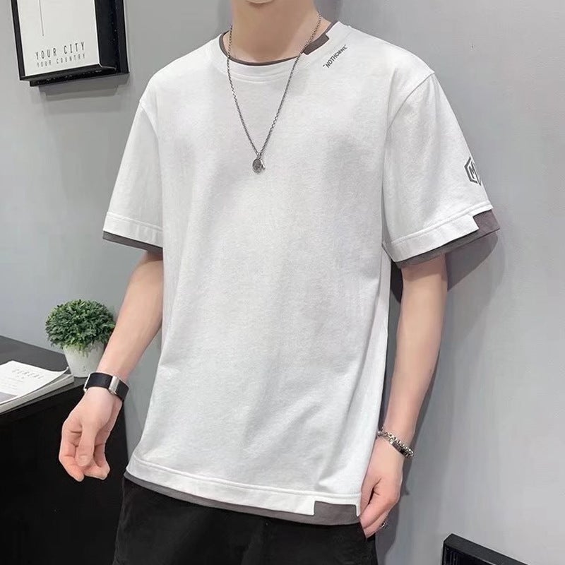 2023 New Short-Sleeved T-Shirt Men'S Clothes Summer Fashionable Half-Sleeved Fake Two-Piece Top Thin Loose T-Shirt - Image 2