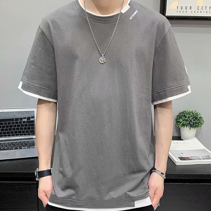 2023 New Short-Sleeved T-Shirt Men'S Clothes Summer Fashionable Half-Sleeved Fake Two-Piece Top Thin Loose T-Shirt - Image 3