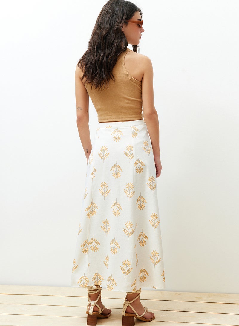 trendyol Ecru Floral Patterned A-Line Midi Length Woven Linen Blended Skirt TWOSS24ET00105 - Image 4