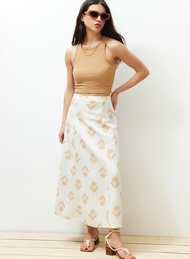 trendyol Ecru Floral Patterned A-Line Midi Length Woven Linen Blended Skirt TWOSS24ET00105 - Image 1