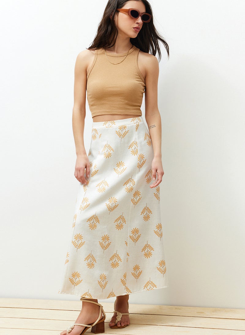 trendyol Ecru Floral Patterned A-Line Midi Length Woven Linen Blended Skirt TWOSS24ET00105 - Image 2